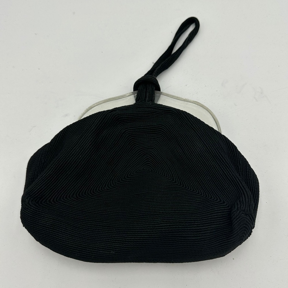 Vintage Black Corde Wristlet Handbag Clear Lucite Frame Triangle Stitch 50s MCM